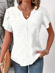 Women's Summer Shirt Blouse, Pure Color V-Neck Petal Sleeve Top, Back Button Waist Cinching Slim Fit, Elegant and Slimming Design