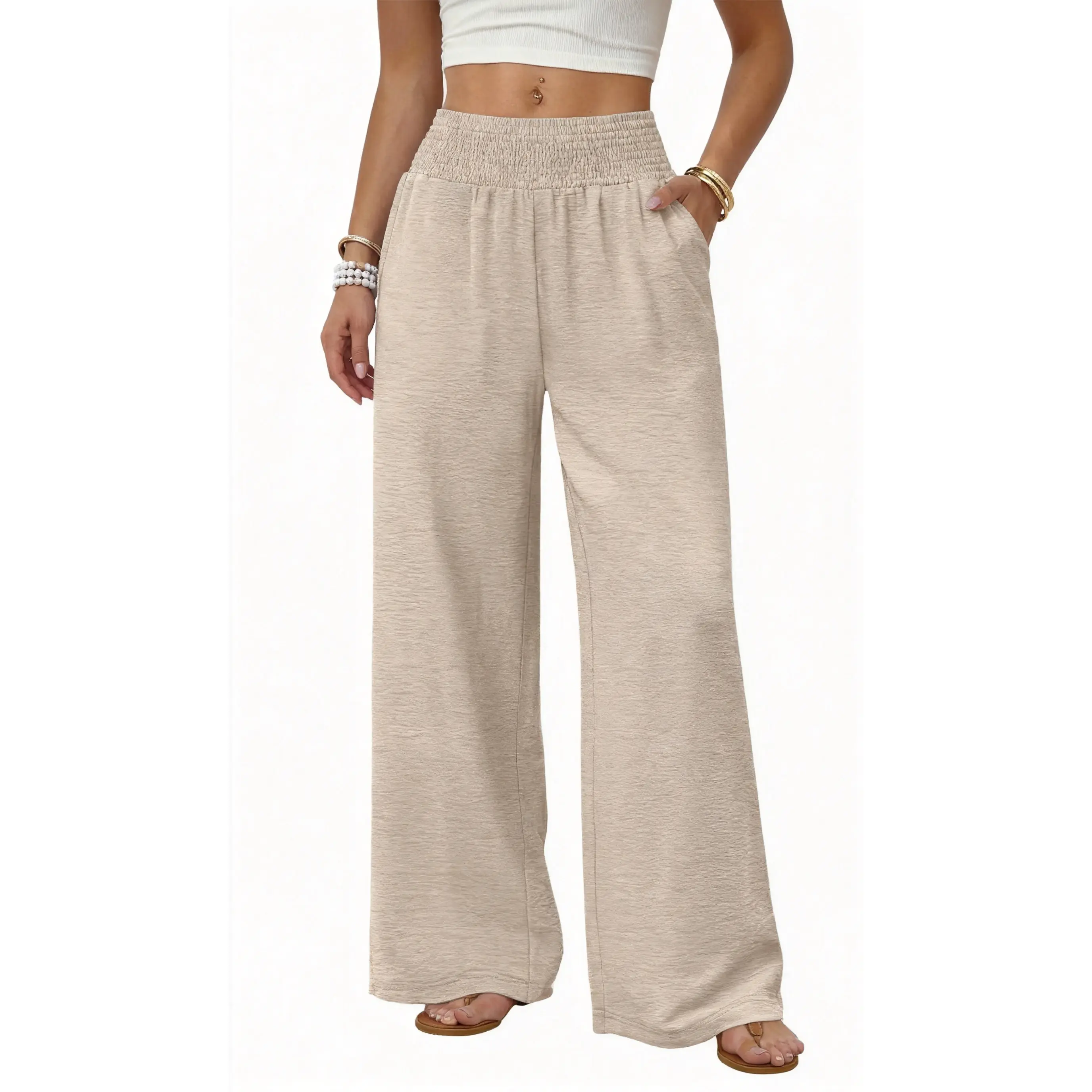 Women's High-Waisted Loose Linen Pants - Casual Flowy Stylish Women's Wear with Pockets, Elastic Waist, Lightweight Wide Leg, Comfortable Comfy Clothes for Summer, Travel, Sports & Outdoor Joggers (Multi-Size)