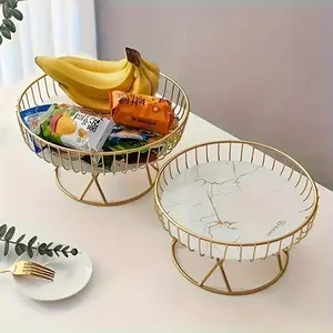 Metal Fruit Bowl with Marble Base - Hollow Design, Perfect for Tabletop Display & Storage in Kitchen - Ideal for Halloween, Christmas, Easter, Thanksgiving Decor, Fruit Basket, Vegetable Storage Basket, Scalloped Baskets, Bottom Foot