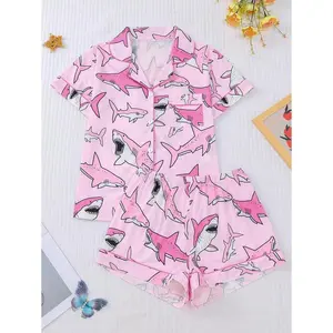 2pcs/Set Women Shark Print Pajama Set, Collared Short Sleeve Comfy Top And Fitted Elastic Shorts, Elegant Sleepwear Outfit For Festival Party, Casual Home Wear, Casual Comfy Short Sleeve Collared Top & Shorts Set, Ladies Sleepwear for All Seasons