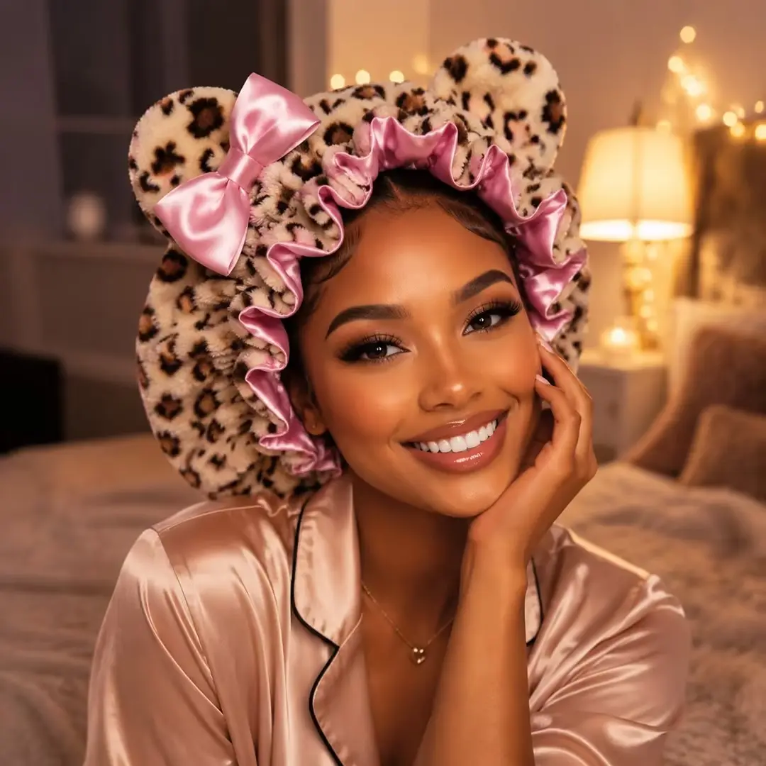 Women's Premium Plush Leopard Satin Bonnet for Sleeping – Double Layer Curly Hair Nightcap with Comfort-Fit Elastic Band & Animal Ears, Haircare, Beauty Products, Hydrating, Gifts For Adulting Women, Hair Cap For Sleep, Heatless Curls