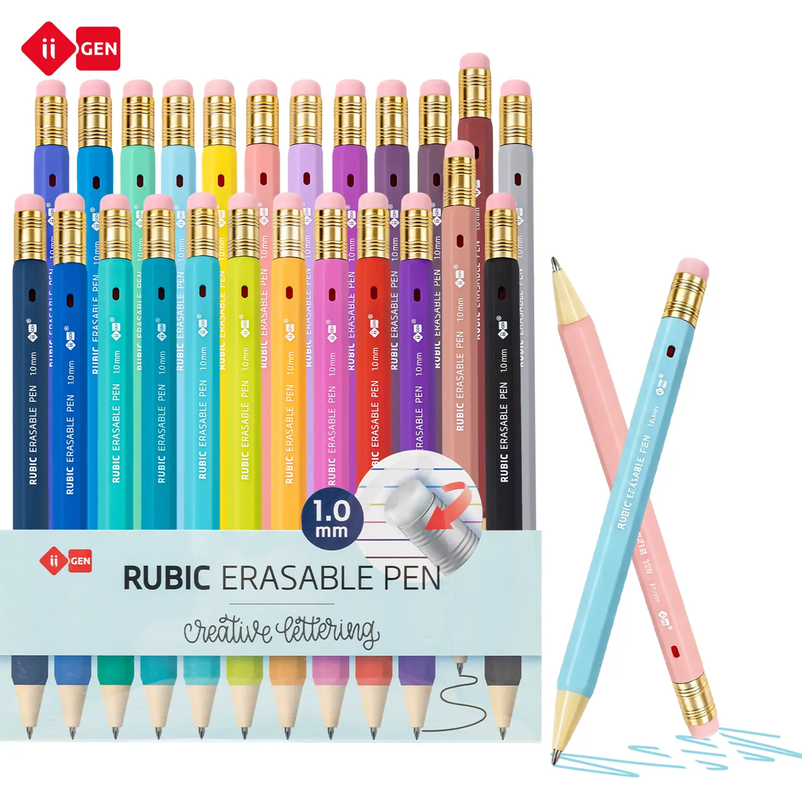 iiGEN x Creative Lettering 1.0mm Bold Point Erasable Gel Pen Set with Single Tip Pens & Refills, Quick-Dry Smooth-Writing, Smudge-Free Ink, 12/24 Colors, Back-to-School Office Stationery for Journaling