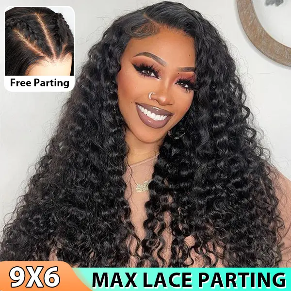 CurlyMe Wear Go Glueless Water Wave Hair Pre bleached Knots 9x6 Pre cut HD Lace Front Wigs Pre plucked Natural Black