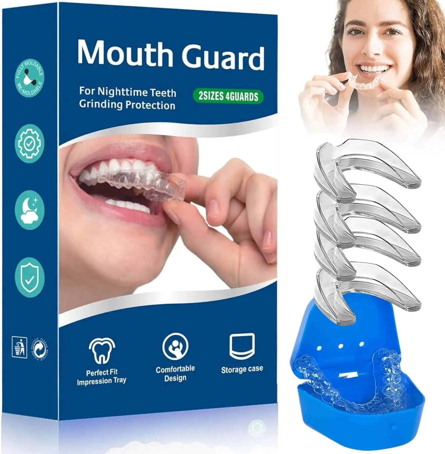 Custom Fit Mouth Guard for Teeth Grinding at Night - 4 Pcs EVA Moldable Night Guards for Adults & Teens - Thickened Design Safe Soft Comfortable Reusable Design with Carrying Case - Stop Teeth Clenching & Jaw Pain