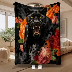 Viral Aesthetic Black Panther Floral Fleece Throw Blanket Pink Peony Design Soft NonShedding Warm Cozy Lightweight for Sofa Couch Bedroom Home Decor Ideas Unique Gift