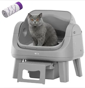 Open Top Self Cleaning Cat Litter Box, Automatic Litter Box with 7 Pairs of Safety Sensors, Anti-Pinch Protection and Easy Access Step for Senior Cats, Dark Grey