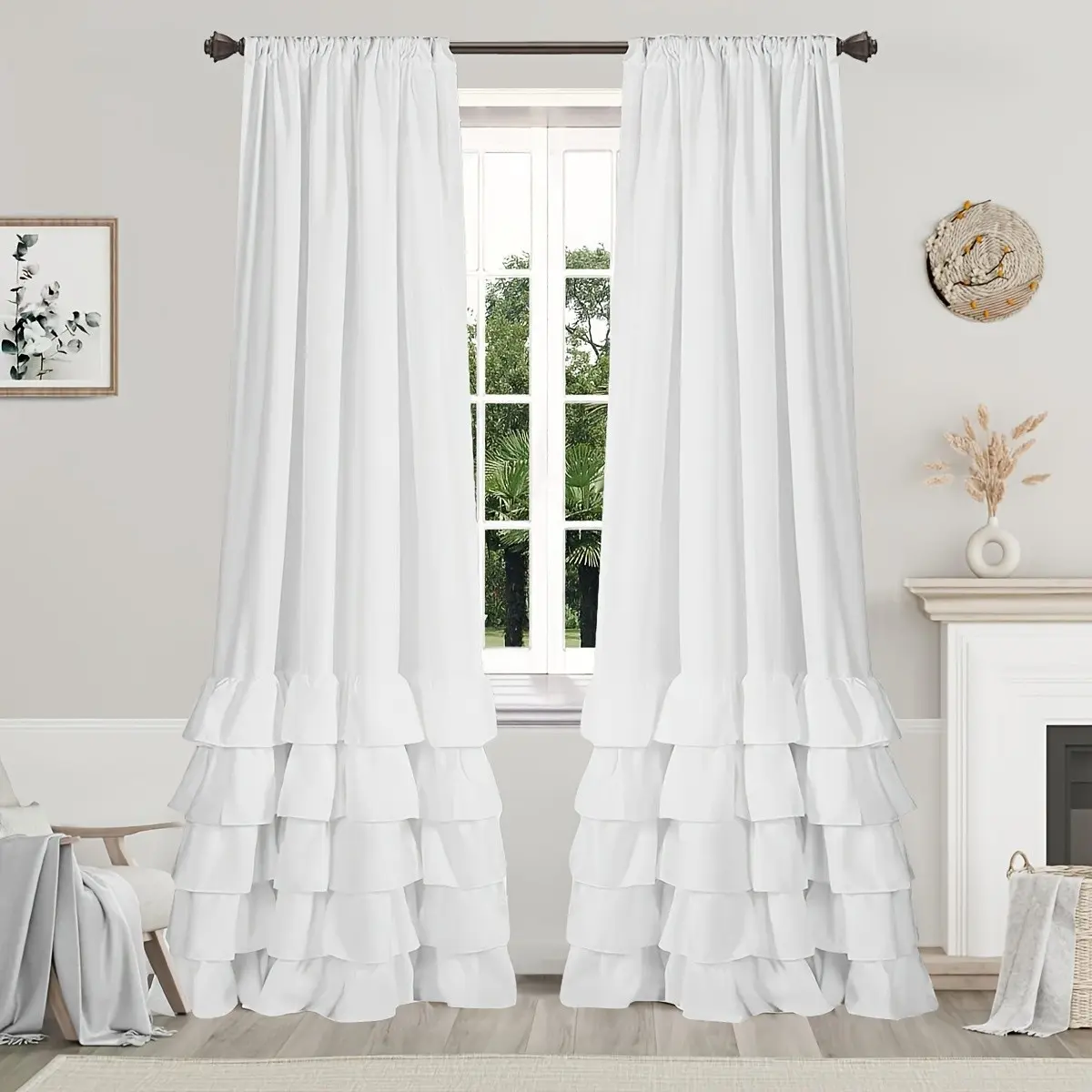 2Panels French Style Romantic Curtains, Window Curtain, Home Decorative Curtain, Multi-Layer Ruffled Design, Half-Privacy Panels for Bedroom & Living Room Decor, Natural Home Decoration