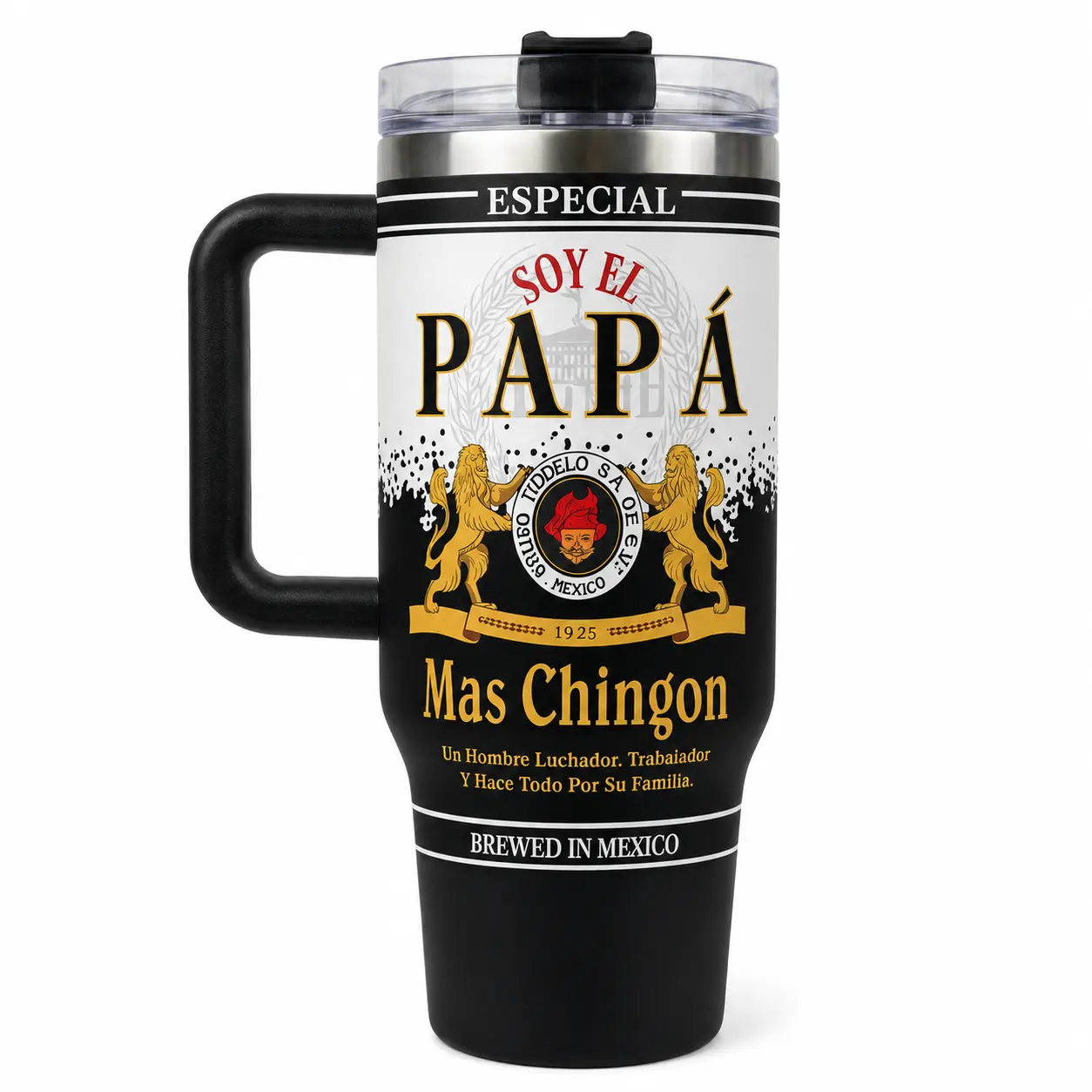 40oz Printed El Papa Mas Chingon Stainless Steel Thermal Flask - Reusable Insulated Drinkware with Handle, Lid, Straw, Cover, Spanish Dad Father’s Day Gift