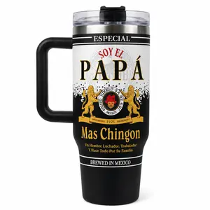 40oz El Papa Mas Chingon Tumbler with Handle and Lid, Stainless Steel Insulated Travel Mug, Spanish Dad Gift for Father’s Day