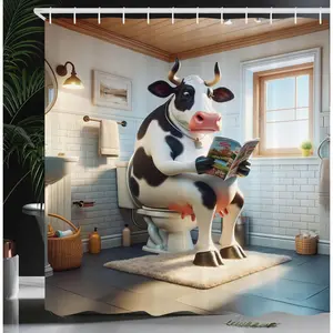 Funny Shower Curtain, Huge Cow Sitting on a Toilet with a Newspaper Whimsical Bathroom Scene, Cloth Fabric Bathroom Decor Set with Hooks Cute Cat Donkey Dinosaur Bath Curtain 66x72 72x72 inch