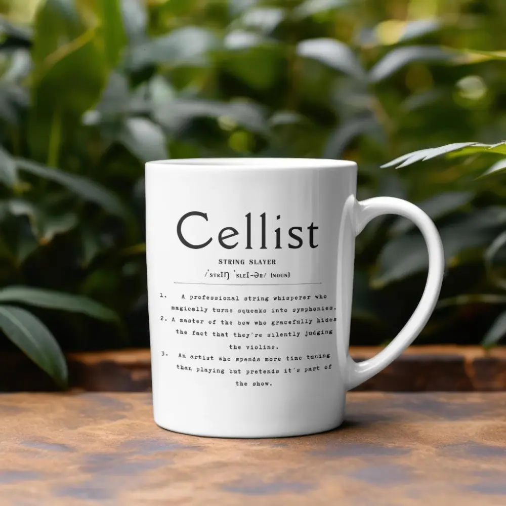 Funny Cellist Mug - String Slayer Definition Coffee Cup - Musician Gift for Cello Players with Humor - Funny Definition Mug for Musicians