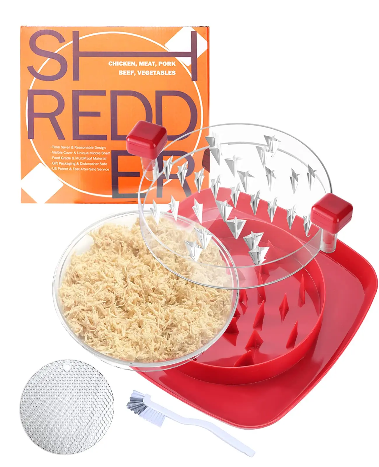 10" Large Kitchen Meat & Poultry Shredder Tool - Twist Design, Brush Included, Removable Tray, Non-Slip Base, Dishwasher Safe for Beef, Pork, Cooking Utensils Gadgets