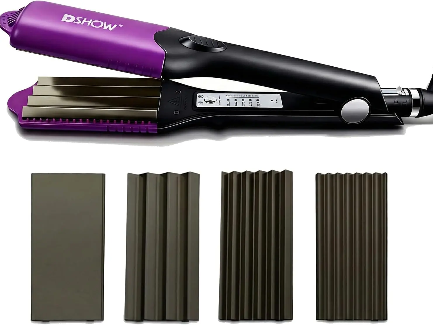 DSHOW 4-in-1 Hair Crimper for Women Crimping Iron for Hair with 8/6/4 Tooth Flat Interchangeable Plates, Titanium Ceramic Coated Tool for Root Lift, 80s Zigzag Texture, 5 Heat 140-220℃, Dual Voltage