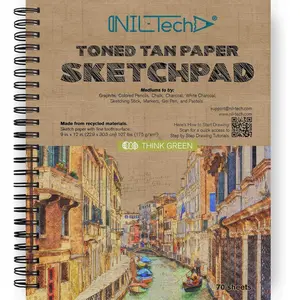 70 Sheets Premium Toned Tan Sketchbook - 9x12 Inches (107lb/175gsm) Spiral Bound Drawing Paper Pad for Gel Pens, Markers, Colored Pencils, Chalk, Oil Pastels, Charcoal Pencils and Graphite