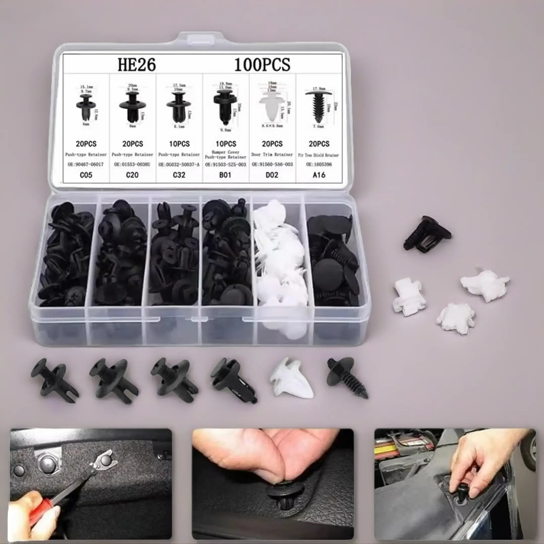100-Piece Multi-Size Plastic Auto Repair Fasteners & Clips Kit - Flat Head Car Bumper Rivets, Push Retainers, Push Pins, Nuts