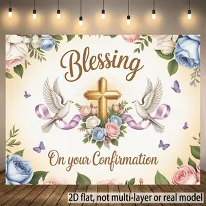 2D Flat, 2D Flat - 2D Flat, 2D Flat - A Single 2D Flat Banner Featuring a Floral Confirmation Card Adorned with Doves, a Cross, And Butterflies. This Polyester Banner Serves As a Decorative Backdrop for Vari