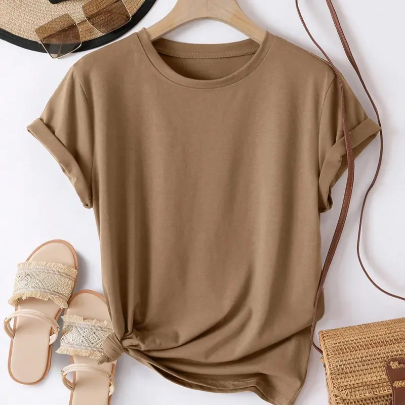 Women's Minimalist Solid Color Round Neck Tee Basic Short Sleeve Crew Neck T-Shirt Classic T Shirt for Spring & Summer, Fashion Women's Top for Daily Wear, Womenswear