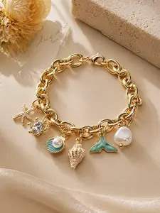 Women's Blue Shell & Starfish Bracelet, Adjustable Beach Vacation Bracelet, Oil Drop Beads, Boho Summer Jewelry Gift