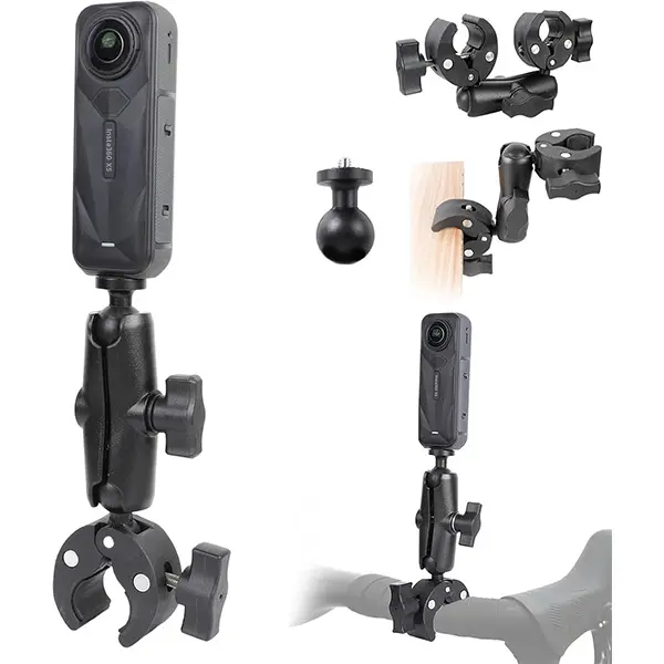 PellKing Camera Motorcycle Mount for Insta360 X5/X4/X3/X2,Double Super Clamp Mount Umbrella clamp Holder for Monitor Bracket Magic Socket Arm with 1/4 Thread for Moto Bike Bicycle Handlebar