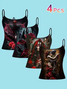 Women's Gothic Skull Butterfly Printed Strapless Vest Set, Casual Sleeveless Top Slim Fit All Season Wear, Dark Rose Design, 4 Piece Pack Bandeau Tops