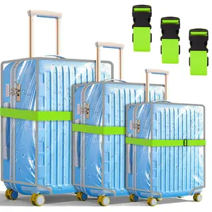 Waterproof Pvc Luggage Cover Set Includes 3 Transparent Luggage Covers and 3 Adjustable Luggage Straps, Suitable for 20, 24, and 28-Inch Suitcases.
