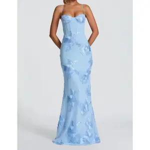 2025 Autumn New European and American Style Three-Dimensional Embroidery Backless Cross Strap Long Dress Exquisite Floral Embroidery Party Gown