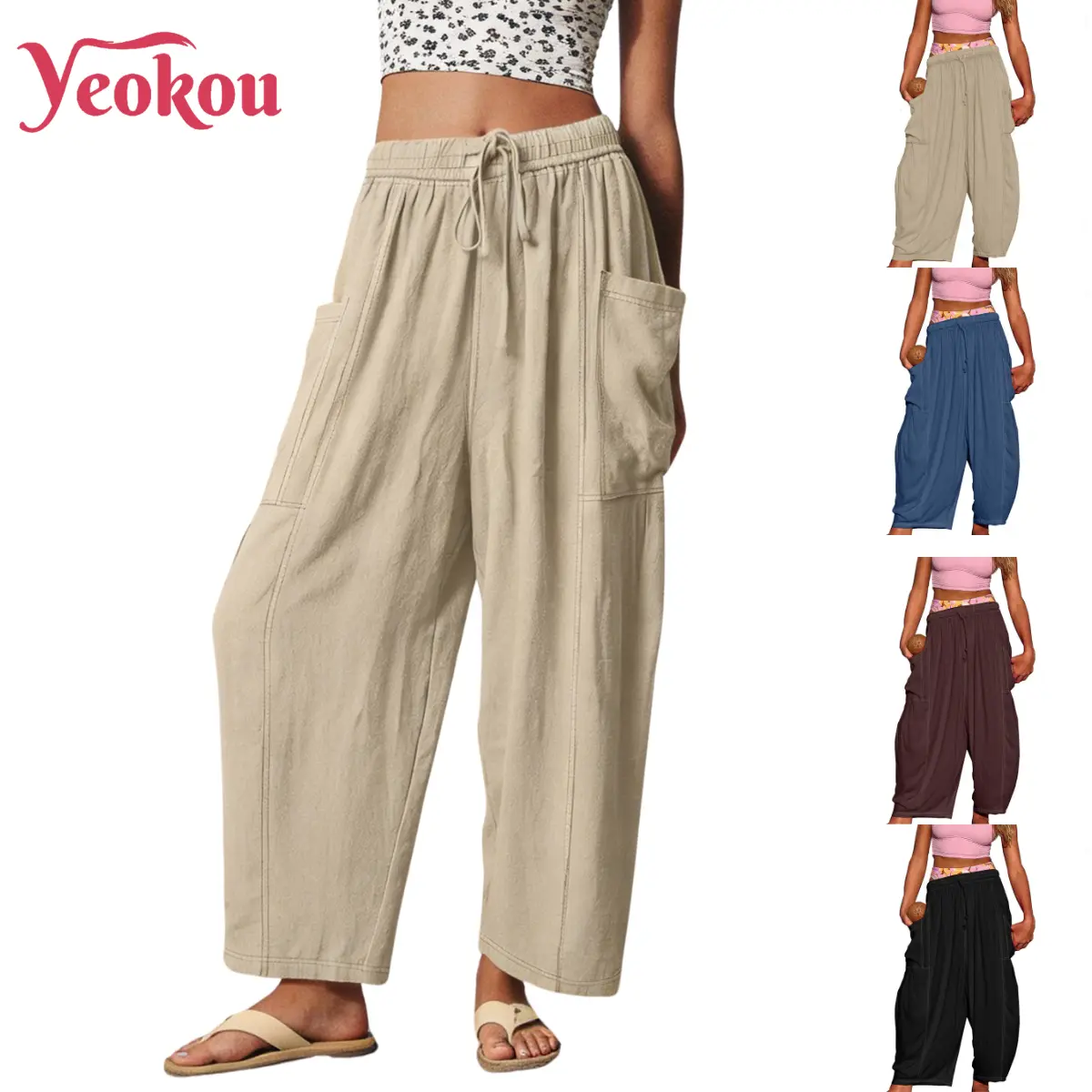 Yeokou Women's Casual Oversize Cotton Lantern Pants, High-Waisted Comfy Fit with Elastic Waist and Pockets for Summer, Gym, Bottom, Lady, Casual Comfy Trousers, Baggy, Oversized, Basic, Thanksgiving, 100% Cotton, High Waisted Pants, Leg, Loose Capri Pants