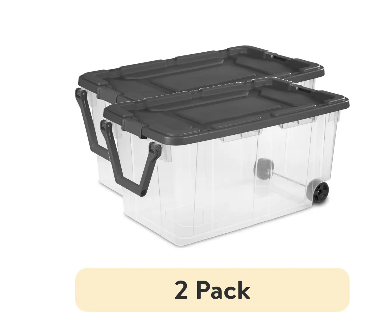 (2 pack)  160 Quart Wheeled Stacker, Durable Clear Bin, Latch Lid and Pull Handle, Dark Gray