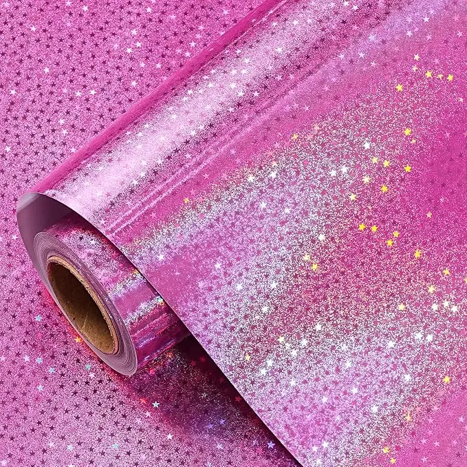 WRAPAHOLIC Pink Holographic Wrapping Paper, Metallic Star Design Gift Wrap Roll for Birthday, Wedding, Baby Shower, Bridal Shower & Christmas Gifts 17 Inch x 16.5 Feet