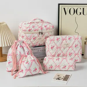 Bow Pattern Quilted Makeup Bag Set, 5 Counts Travel Cosmetic Bags, Portable Zipper Makeup Organizer Pouches, for Skincare, Lotion, Cream,Lip Balm, Eyeliners, Makeup Tools,Travel Essentials, Makeup Storage Organizer