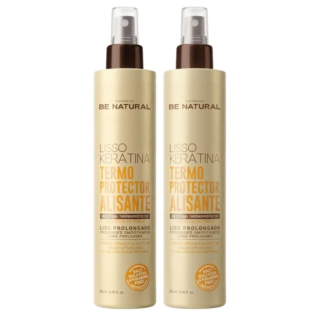 2 Pack Be Natural Termoprotector Alisante Lisso Keratina Thermoprotector with Keratin 250ml - Protects Dry & Damaged Hair - Silky Smooth Daily heat spray