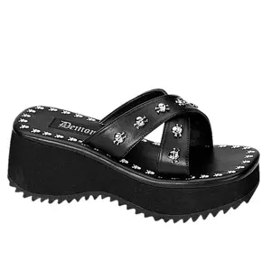 Demonia Flip-05 Skull Print Platform Wedge Sandals with Studs