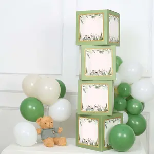 4 Pack Green Foliage Leaves Boho Design DIY Prop Balloon Boxes, Gender Neutral Baby Shower Party Decorations
