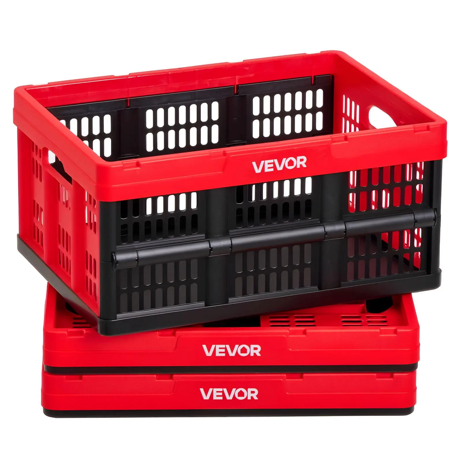 【summerfinds】VEVOR Durable Plastic Collapsible Storage Boxes, 3-Pack 32L Stackable Folding Organiser Crates with Handles, 26 lbs Capacity Per Bin, Space-Saving Home Organizing (Father's Day Gift Option)