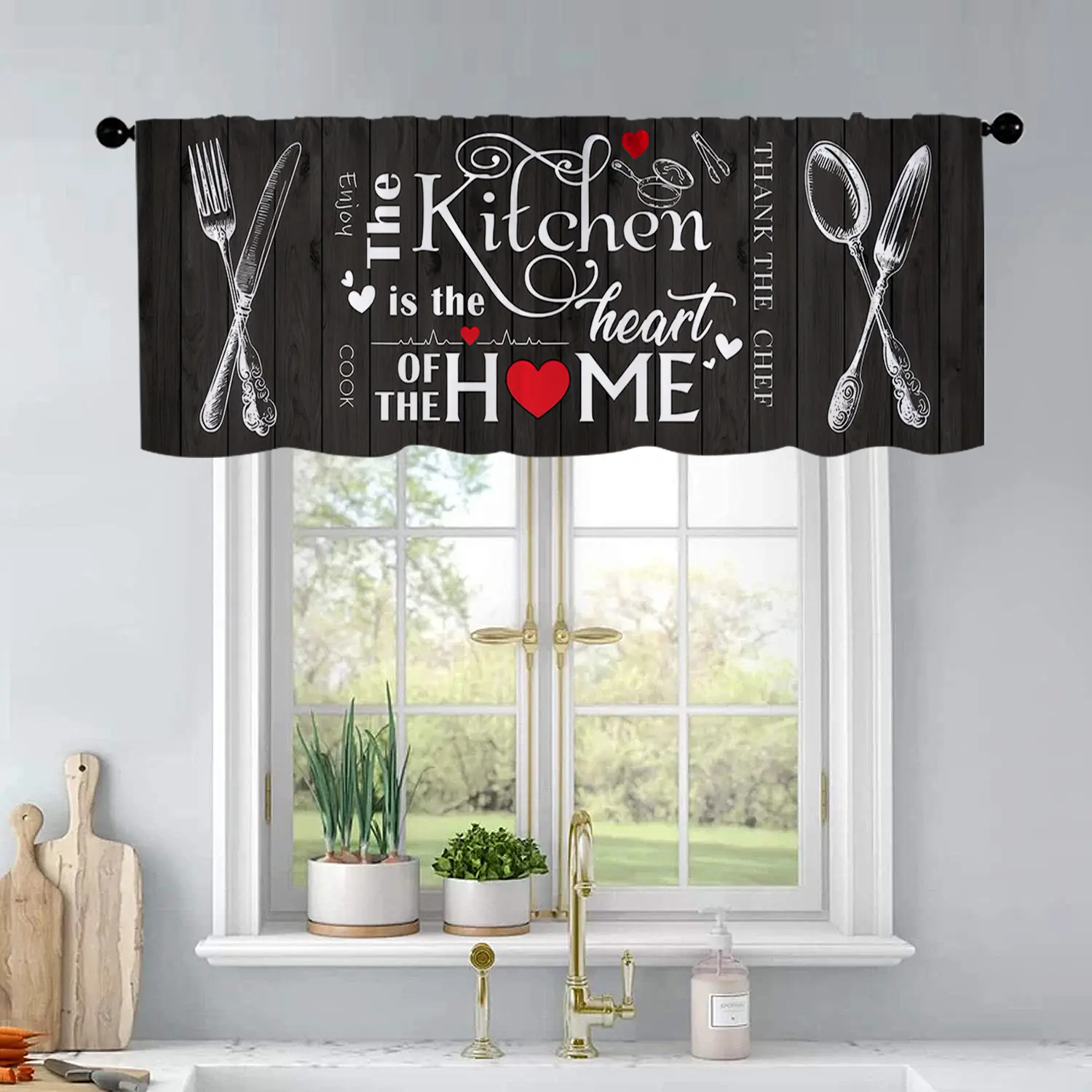 1 Kitchen Knife Fork Spoon Love Kitchen Is A Home Centerpiece With Gray Wood Grain Background Kitchen Curtains Valance Attached Valances Living Room Bedroom Bathroom Home Decoration Interior Decoration Accessories 54 Inches * 18 Inches