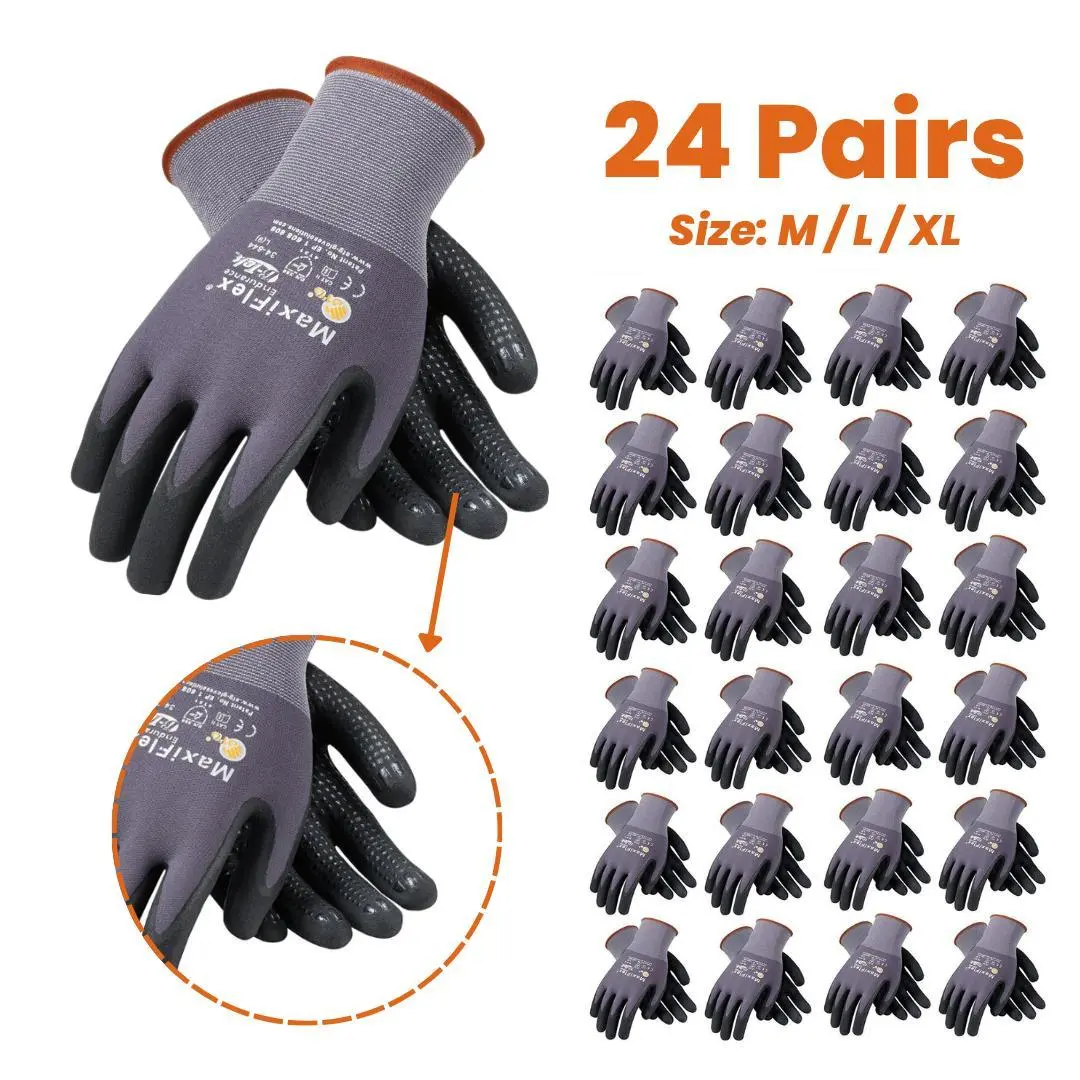 6 - 12 - 24 Pairs MaxiFlex Work Gloves – Guantes Para Trabajo MaxiFlex – Micro-Foam Nitrile Coated – Breathable, Durable, Anti-Slip for Construction, Gardening
