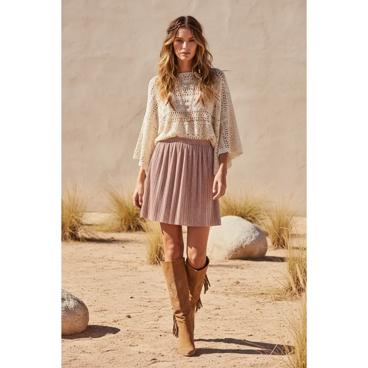 LuLaRoe Samantha Women's Chic Plissé Skirt - Solid Cork Tan Polyester Casual Clothes with an Elastic Waist and Merrow Hem, Pleated, Plain