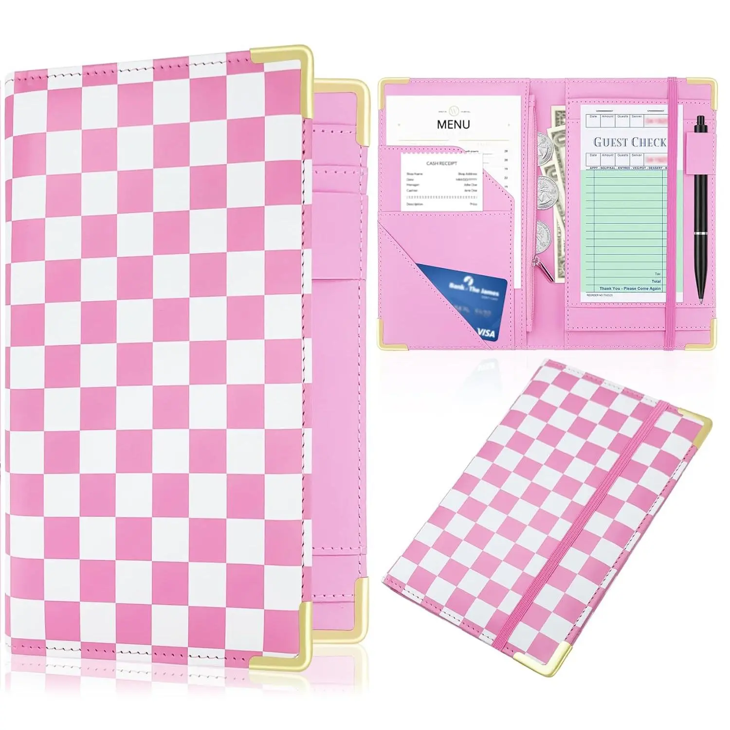 Leather Server Book with Zipper Pocket, Retro Checkerboard Charming Design & 7.87x4.92 Size, Durable Synthetic Restaurant Waitstaff Guest Check Holder Organizer with Apron Compatibility, Bartenders