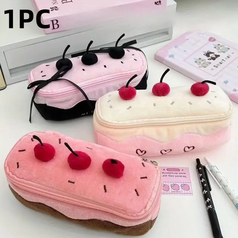 Cherry Cake Plush Soft Texture Pencil Case, Pen & Makeup Bag, Large Capacity Portable Storage Travel Desktop Organizer, Cute Cartoon Design, Stationery Office Supplies, Classroom Supplies