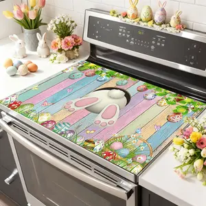Easter Soft Electric Stove Panel Protector Pad, Rabbit Flower Egg Wood Grain Design, Scratch Resistant, Easy Clean, Multi-Purpose Kitchen Cover, Kitchen Mat