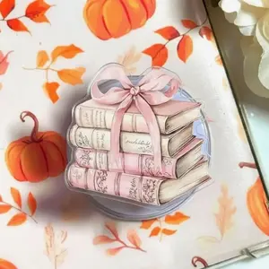 Pink Book Stack Phone Grip, Coquette Reader Aesthetic Pop Socket, MagSafe Compatible Grip Stand, Cute Book Lover Holder for iPhone Android Kindle Gift