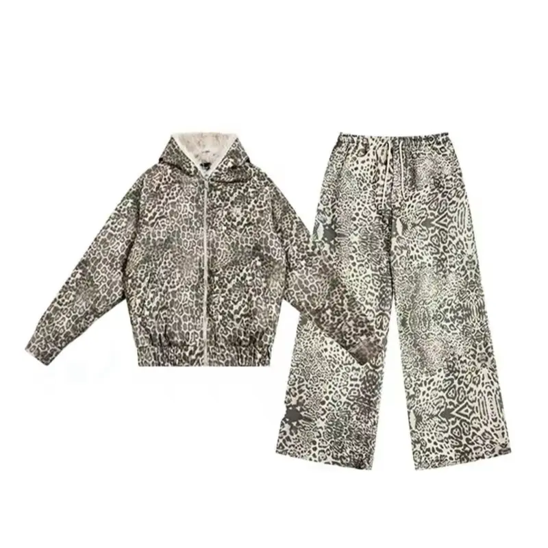 Leopard Print Hooded Jacket & Pants Set for Women Stylish Comfortable Outfit Unisex Fashionable and Trendy