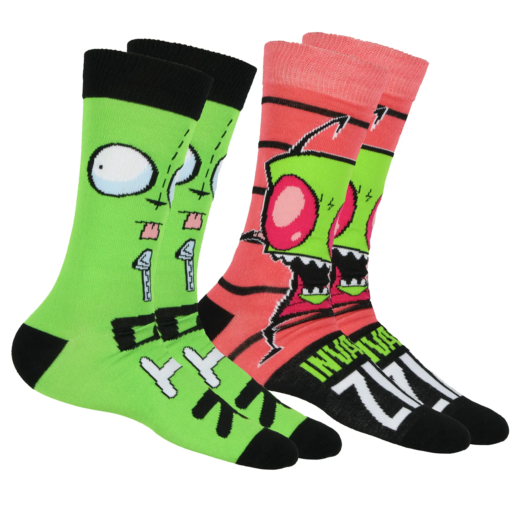 Invader Zim Socks Men's Zim and Gir Designs 2-Pair Adult Mid-Calf Crew Socks (Fits Shoe Size 6-12)
