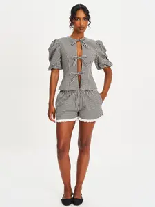 Qutayla Black Gingham Cotton Lace Trim Shorts