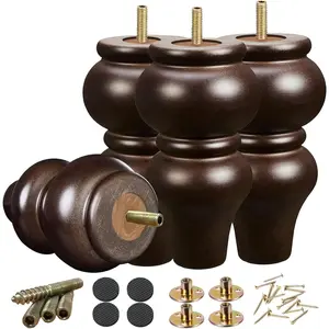 6 Inch Wood Furniture Legs Pack of 4, Round Espresso Mid Century Couch Desk Legs, Sofa Replacement Parts for Dresser, Sideboard, Recliner, Coffee Table