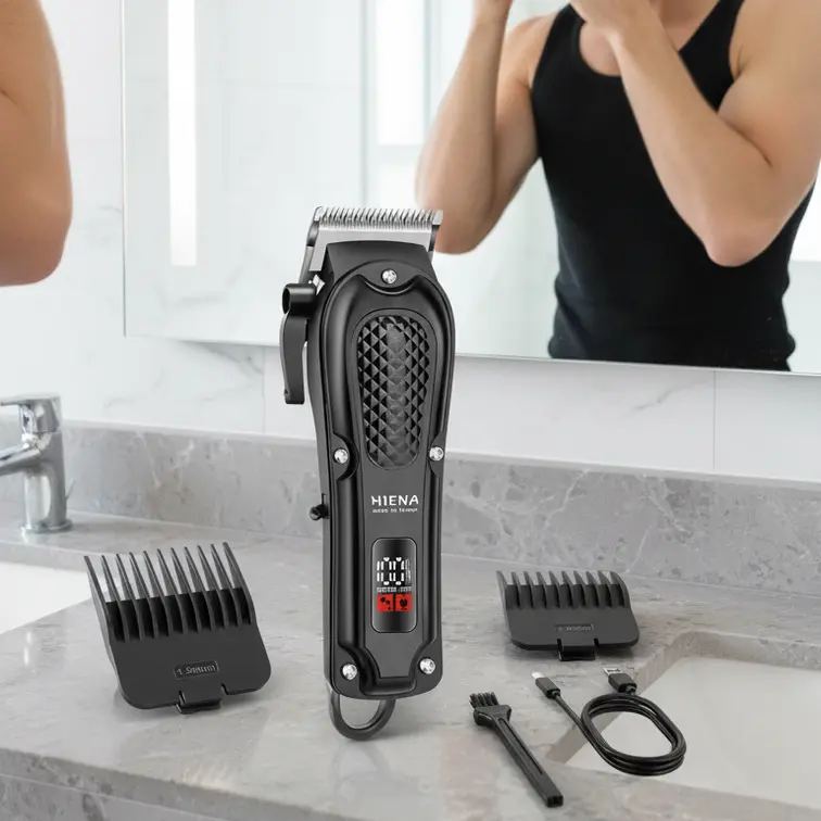 HIENA cordless hair clipper for home use with LCD digital power display, adjustable conical blade, USB rechargeable design, guide combs in 4 sizes, cleaning brush, men’s grooming set for home salon/barbershop