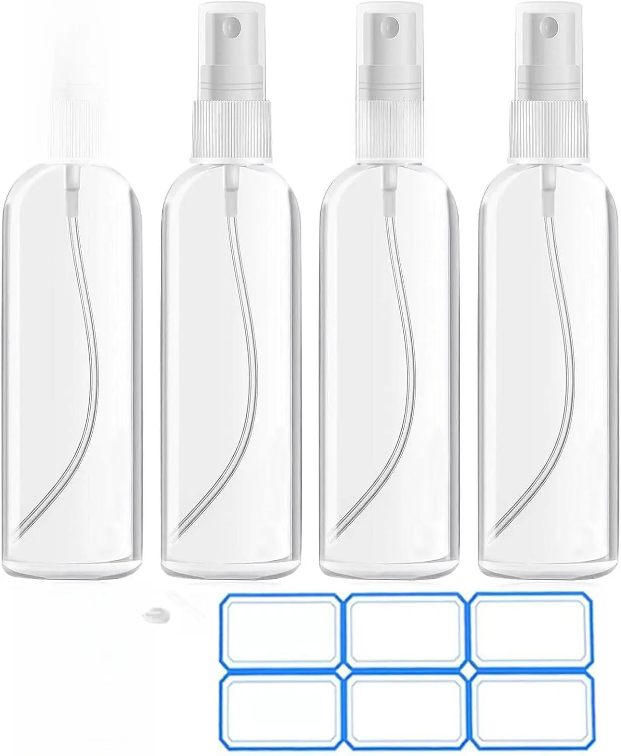 4-Pack Travel-Size Plastic Fine Mist Spray Bottles - 4 Oz (120ml) Compact, Lightweight, Transparent, Leakproof BPA-Free, Refillable, Eco-Friendly PET Non-Toxic Containers with Cover for Home Supplies