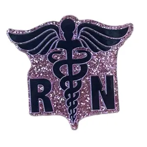Acrylic Add On for Badge Reel - Pink Glitter RN Symbol with Caduceus Design - Personalized Accessory with Velcro & Sticker Adhesive Options supplier