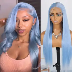 QD-Tizer Sky Blue Synthetic Hair Wigs Glueless 13x4 HD Lace Front Wigs Long Straight Sky Blue Color Wigs Heat Resistant Fiber Hair Wigs For Women 28 Inches Daily Party Cosplay Halloween Use