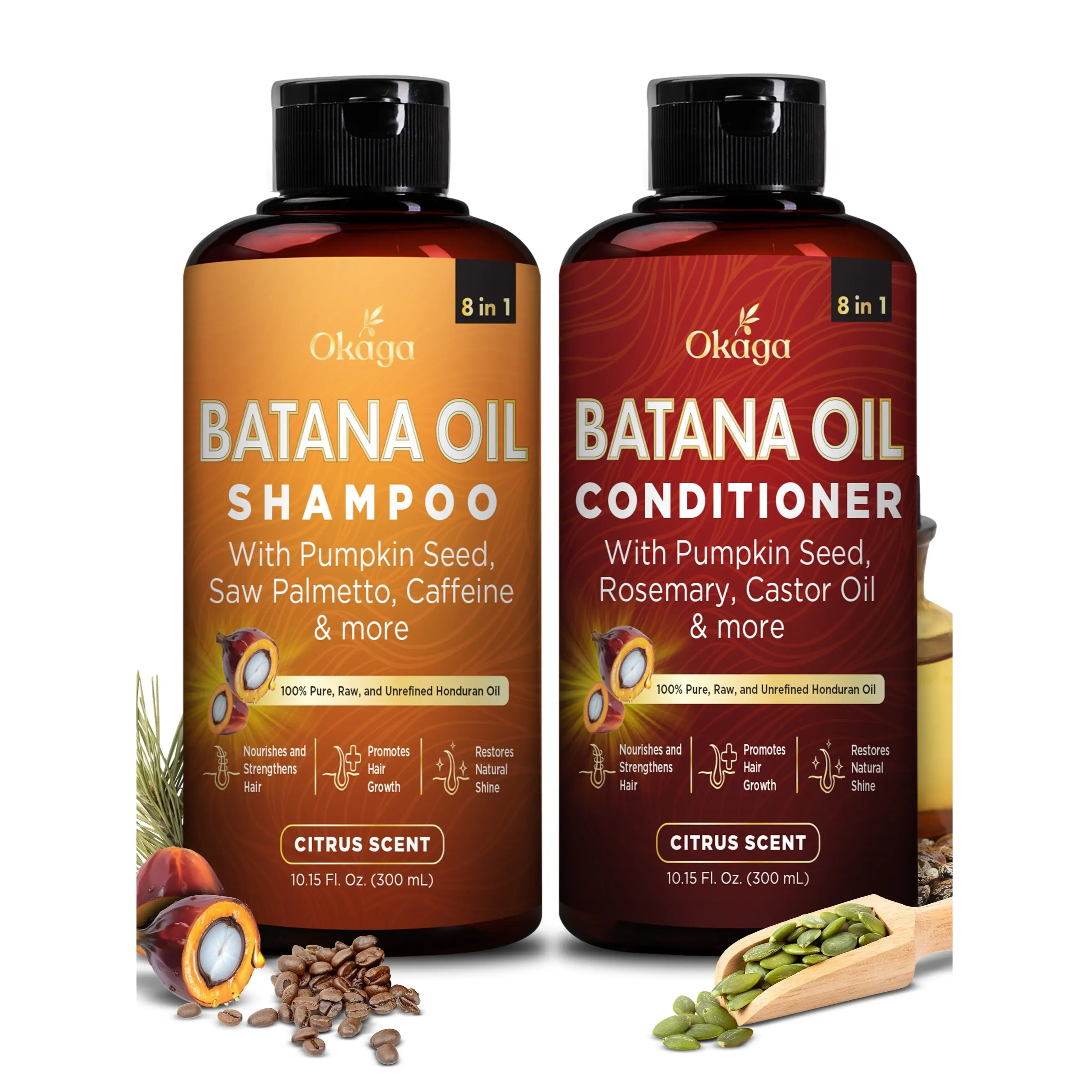 Okaga Shower Set - Batana Oil Shampoo & Conditioner - 8 in 1 Organic Hair & Scalp Care - Hair Growth, Moisturizing, Anti Frizz, Strengthening- (2 x 300 mL)